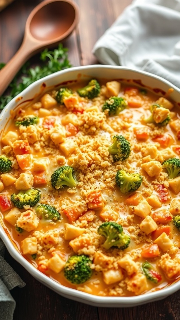 Cheesy quinoa chicken bake with chicken, broccoli, and melted cheese in a baking dish.